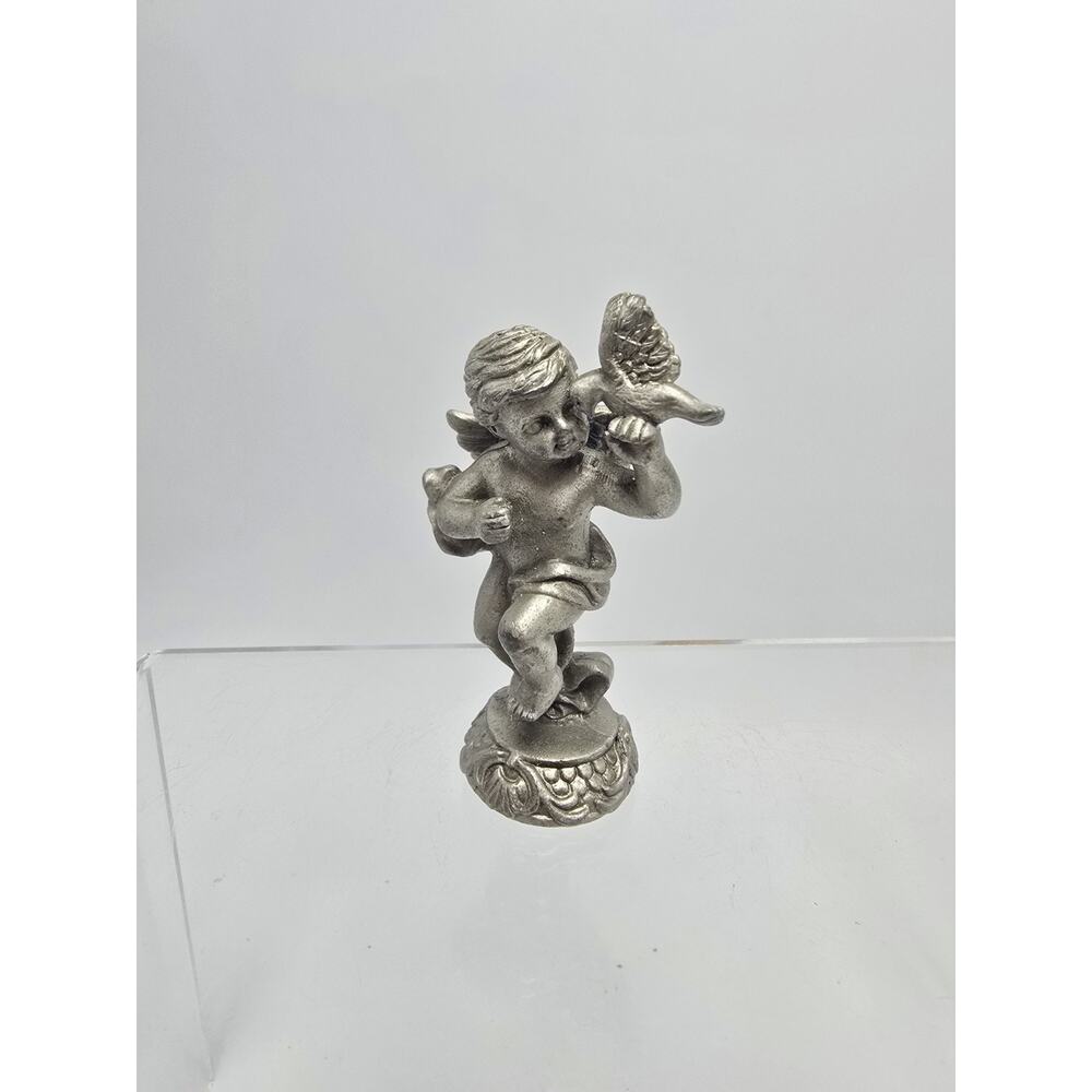 Vintage Pewter Miniature Figurine Cherub Holding Bird